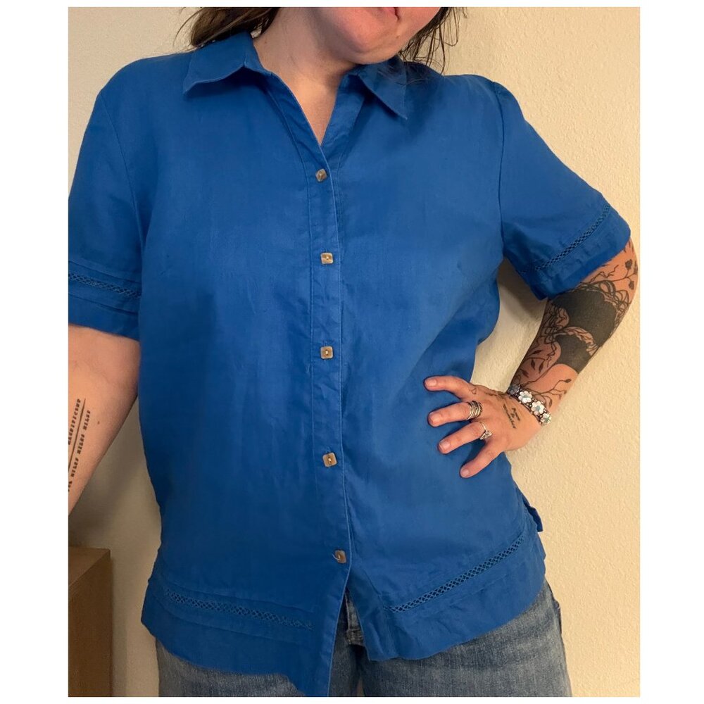 PRICE FIRM Vintage Y2K Sag Harbor Bright Blue Linen Short SLeeve Button Down